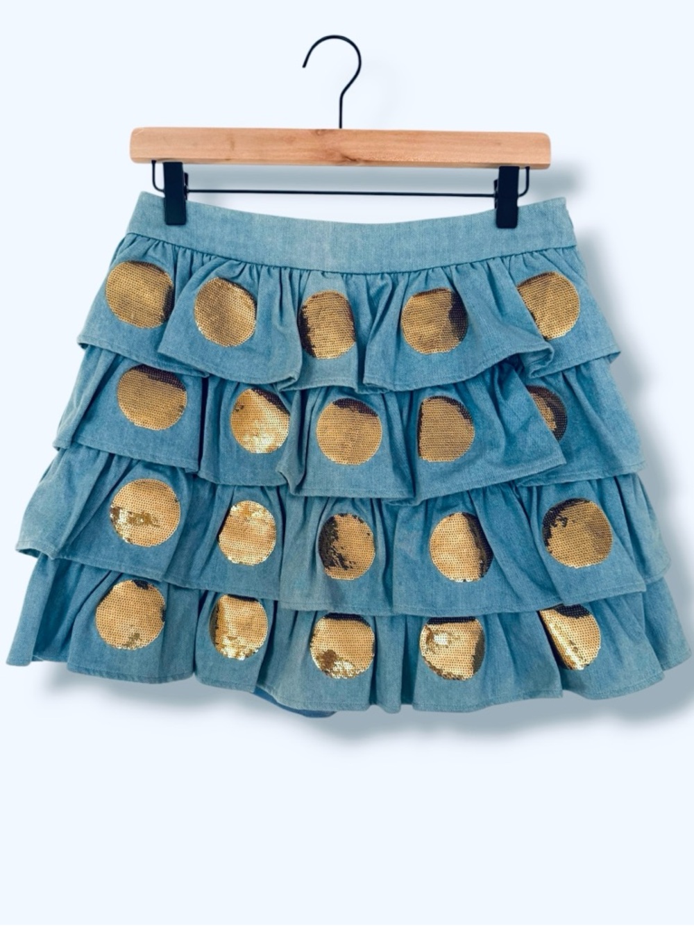 Queen of Sparkles QOS Denim Gold Sequin Polka Dot Tiered Ruffle Mini Skirt Sz M